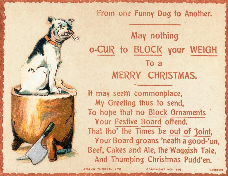 Chien assis sur une bûche, carte de Noël - English School