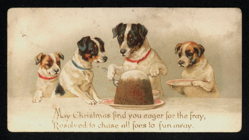 Chiens servant un pudding de Noël, carte de vœux - English School