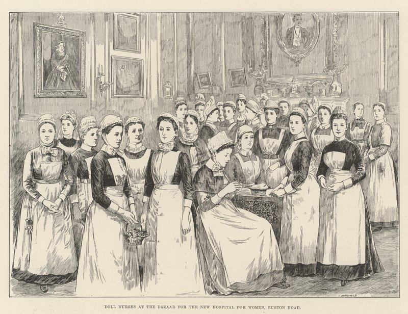Poupées infirmières à la vente de charité pour le nouvel hôpital pour femmes, Euston Road (gravure) - English School