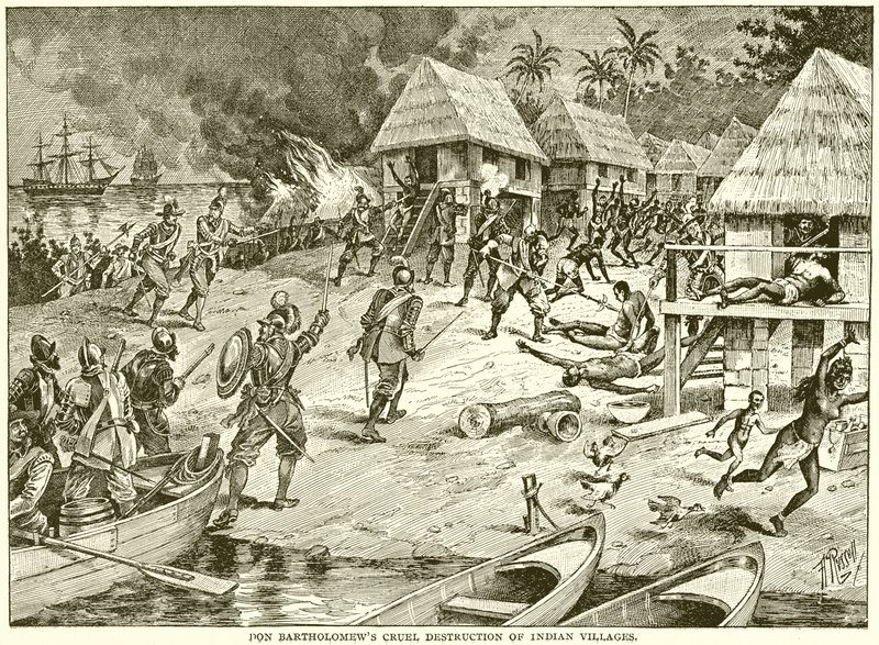 Destruction cruelle des villages indiens par Don Bartholomew - English School