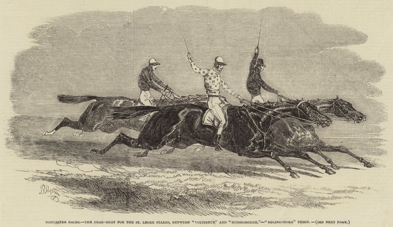 Courses de Doncaster, le Dead-Heat pour les St Leger Stakes, entre "Voltigeur" et "Russborough", "Bolingbroke" Troisième (gravure) - English School