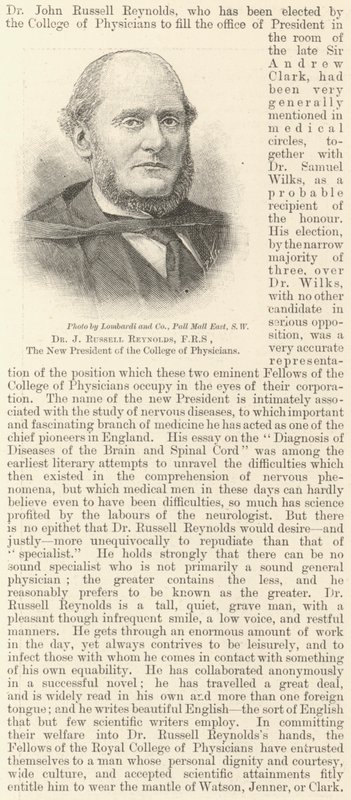 Dr J Russell Reynolds, FRS, le nouveau Président du Collège des Médecins (gravure) - English School