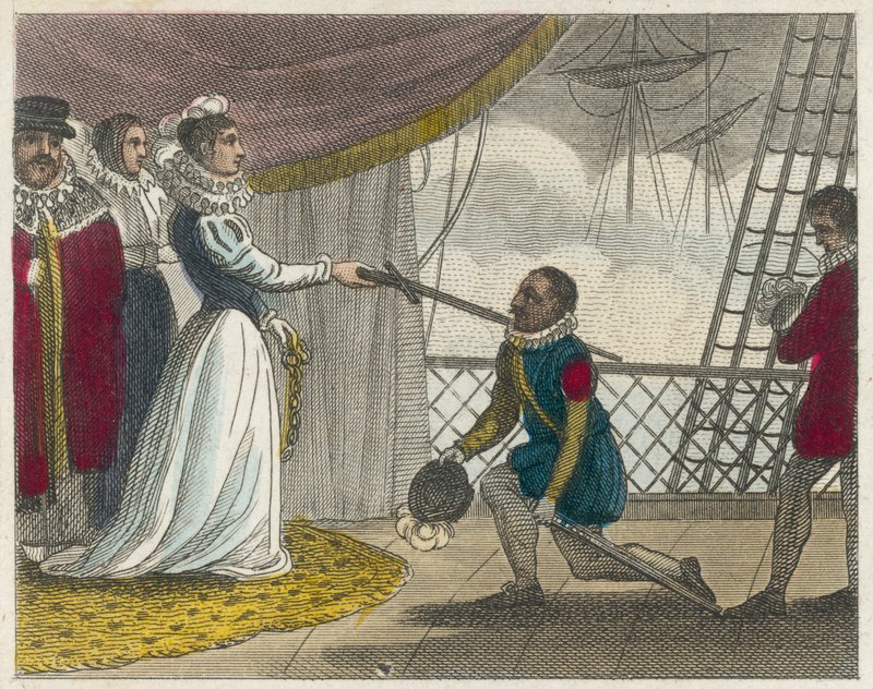 Drake adoubé à bord de son navire (gravure en couleur) - English School