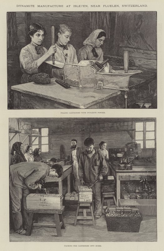 Fabrication de dynamite à Isleten, près de Fluelen, Suisse (gravure) - English School