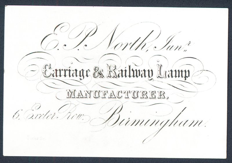 E P North, Junior, fabricant de lampes pour voitures et chemins de fer, carte de visite - English School