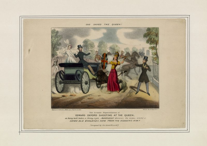 Edward Oxford tirant sur la reine, sauvé par Britannia - English School