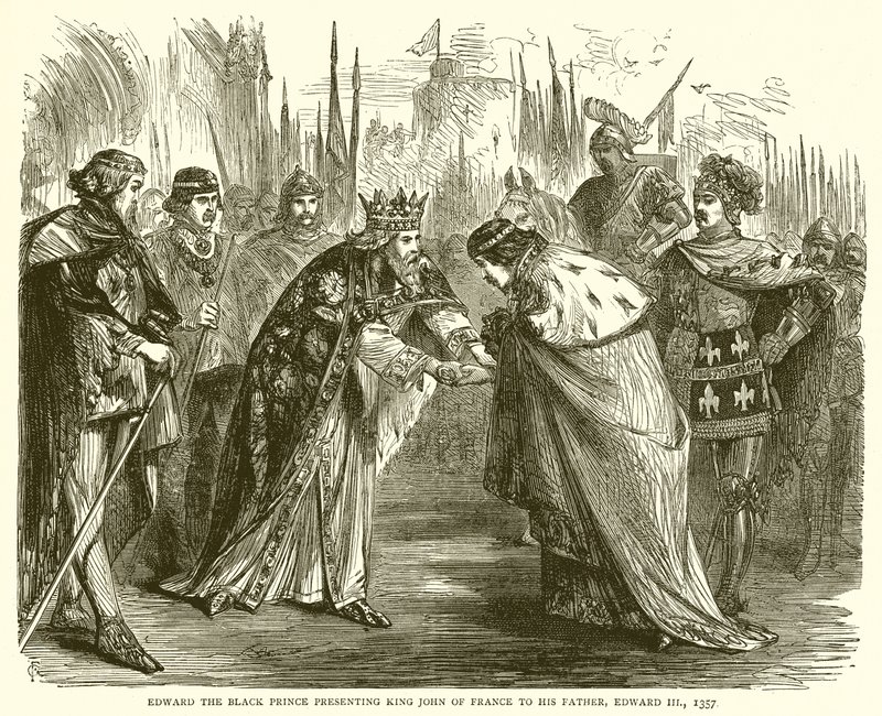 Édouard le Prince Noir présentant le roi Jean de France à son père, Édouard III, 1357 - English School