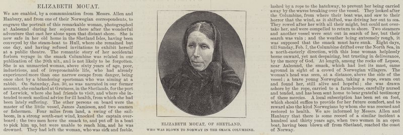 Elizabeth Mouat, des Shetland, qui a été emportée en Norvège dans le smack Columbine (gravure) - English School