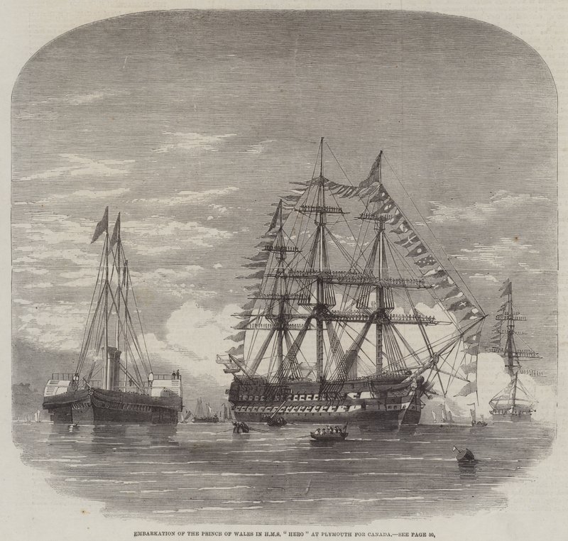 Embarquement du prince de Galles dans le HMS "Hero" à Plymouth pour le Canada (gravure) - English School
