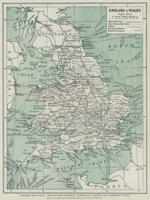 Angleterre et Pays de Galles, Carte montrant les produits, centres commerciaux et routes de transport - English School