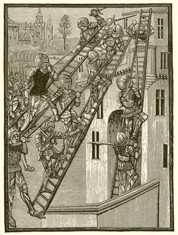 Soldats anglais escaladant une forteresse en Gascogne, époque d