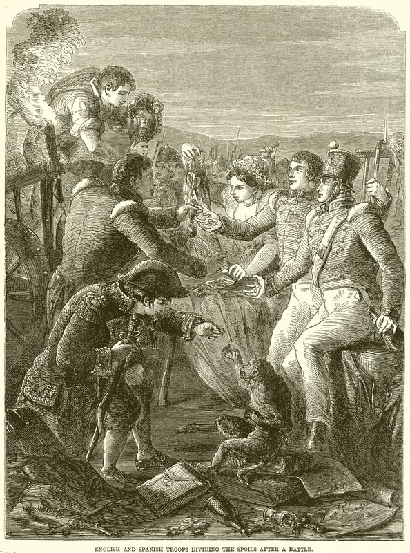 Troupes anglaises et espagnoles se partageant le butin après une bataille - English School