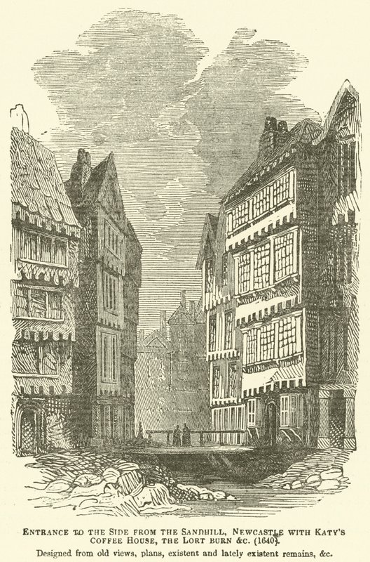 Entrée du côté du Sandhill, Newcastle avec le café de Katy, le Lort Burn etc, 1640, conçu à partir de vues anciennes, plans, restes existants et récemment existants, etc - English School
