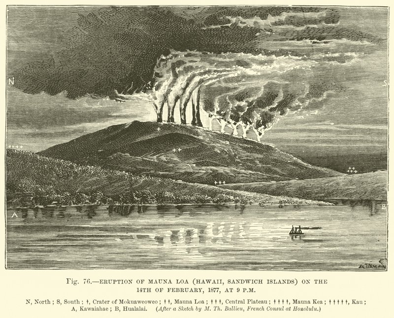 Éruption du Mauna Loa (Hawaï, Îles Sandwich) le 14 février 1877, à 21h - English School