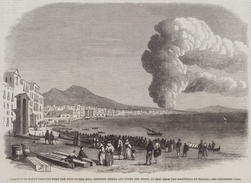 Éruption du mont Vésuve près du pied de la colline, entre Resina et Torre del Greco, vue de la Marinella à Naples (gravure) - English School