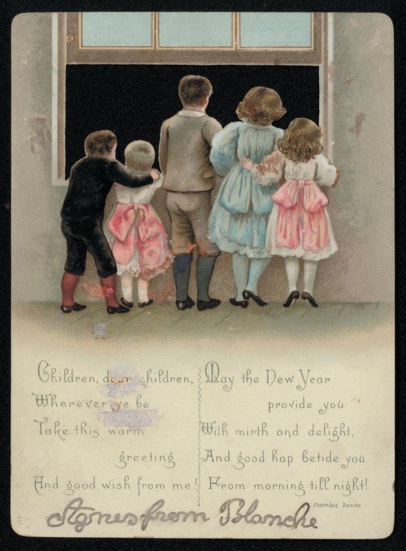 Enfants excités regardant par la fenêtre, carte de vœux du Nouvel An - English School