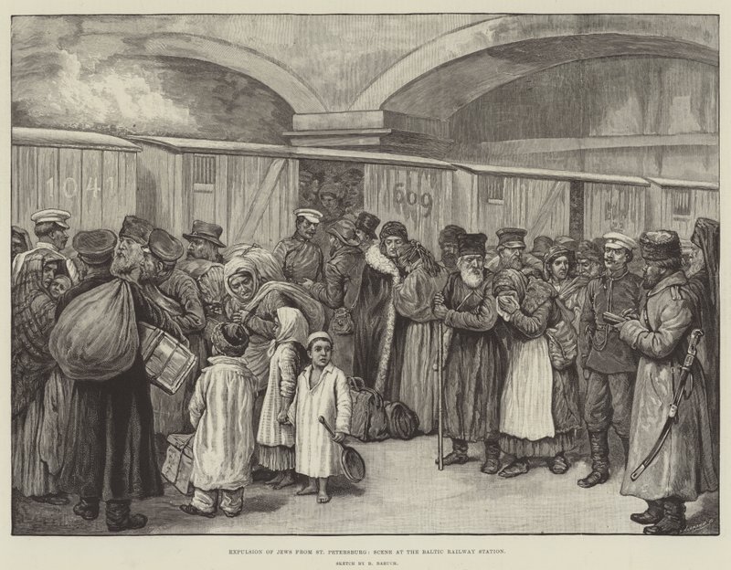 Expulsion des Juifs de Saint-Pétersbourg, scène à la gare ferroviaire de la Baltique (gravure) - English School