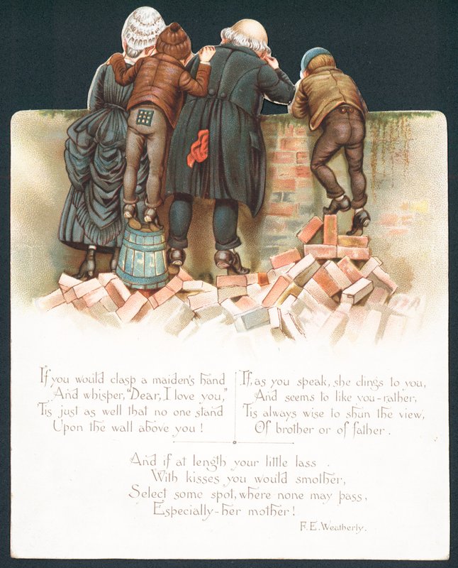 Famille penchée sur un mur regardant un couple romantique, carte de Noël - English School