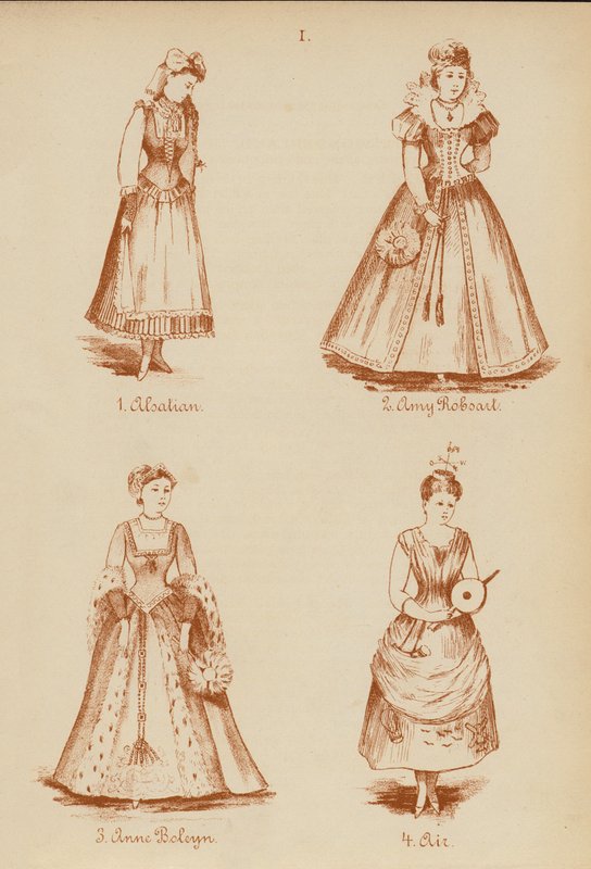 Costumes de fantaisie : Alsacien, Amy Robsart, Anne Boleyn, Air - English School