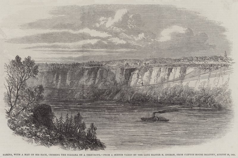 Farina, avec un homme sur son dos, traversant le Niagara sur une corde raide, depuis le balcon de Clifton House, 29 août 1860 - English School