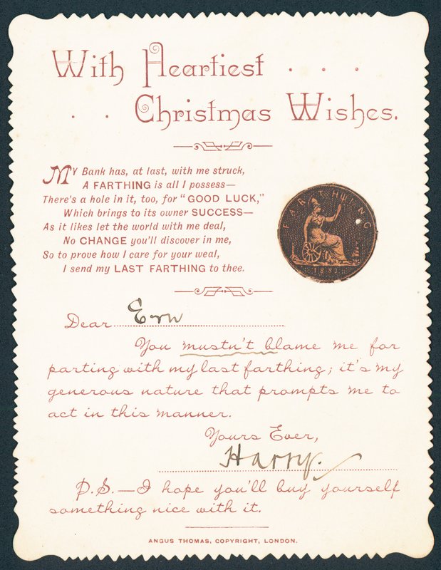 Farthing avec trou, carte de Noël - English School