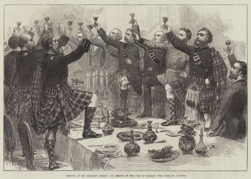 Festival de la société des Highlands, la santé du duc de Rothsay, avec les honneurs des Highlands (gravure) - English School