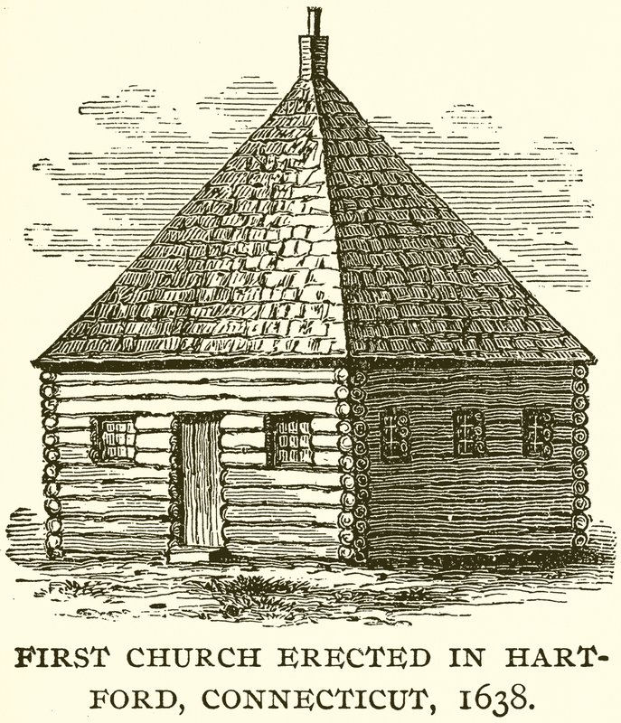Première église érigée à Hartford, Connecticut, 1638 - English School
