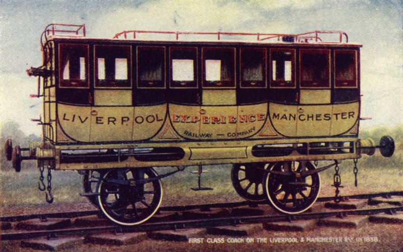 Wagon de première classe sur le chemin de fer de Liverpool et Manchester en 1838 (lithographie en couleur) - English School