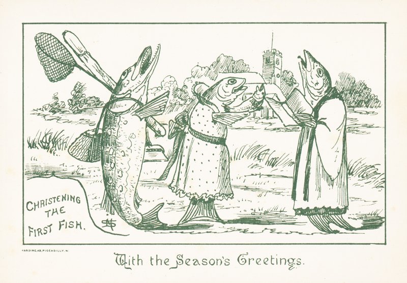 Poissons en vêtements chantant, Carte de Noël - English School