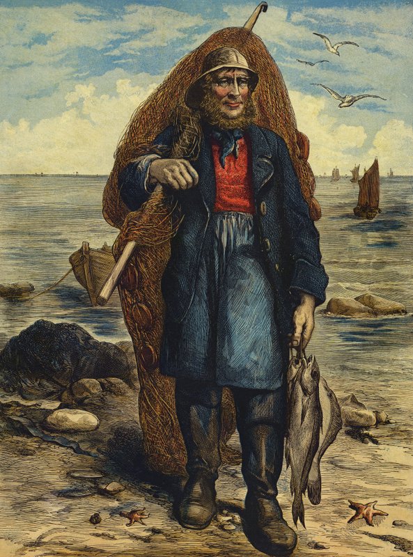 Pêcheur portant ses filets et tenant sa prise de poissons - English School