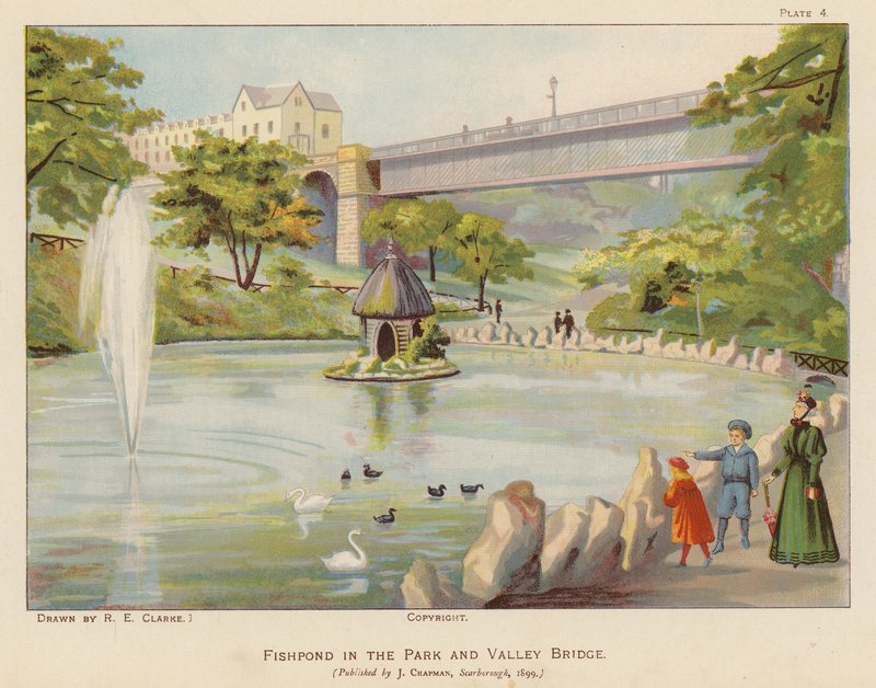 Étang à poissons dans le parc et Valley Bridge, Scarborough - English School