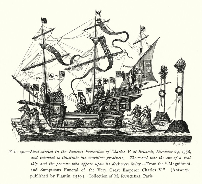 Char porté dans le cortège funèbre de Charles V à Bruxelles, 29 décembre 1558, destiné à illustrer sa grandeur maritime (gravure) - English School