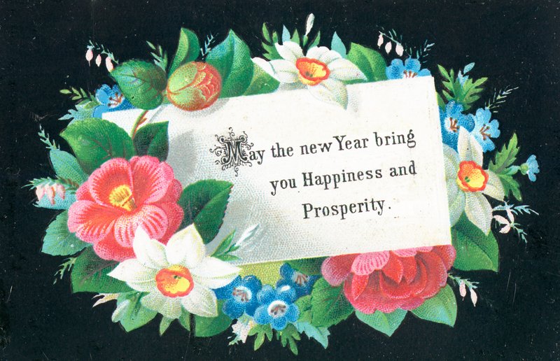 Couronne de fleurs avec carte, Carte de Nouvel An - English School