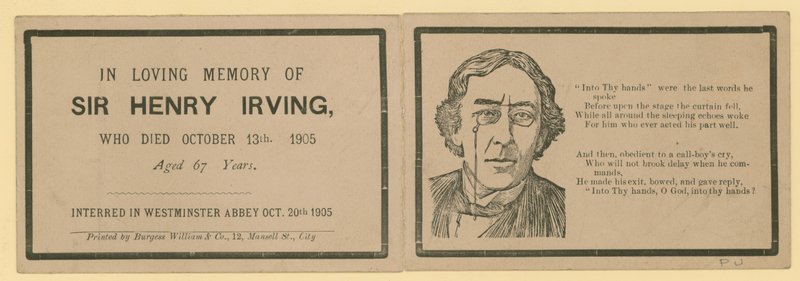 Carte pliante notant le décès de Sir Henry Irving, acteur, décédé le 13 octobre 1905 - English School