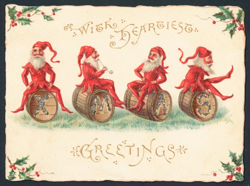 Quatre lutins assis sur des tonneaux, carte de Noël - English School