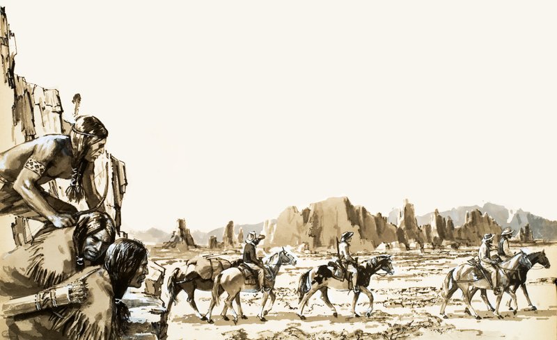 Quatre hommes se dirigent vers Funeral Mountain et Death Valley au-delà - English School