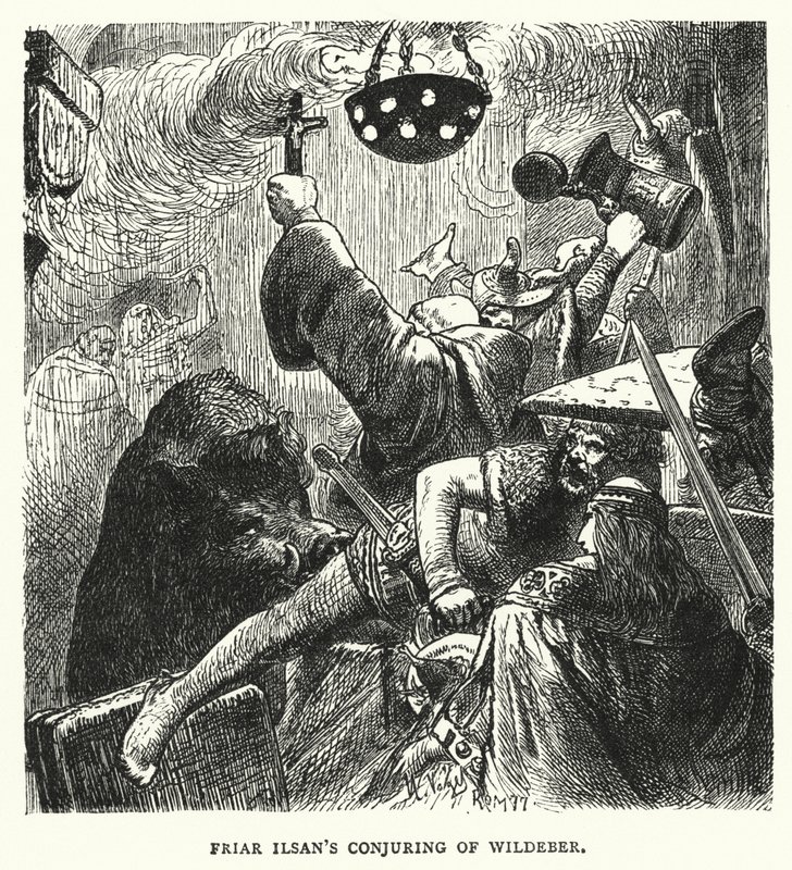 Le frère Ilsan conjure Wildeber (gravure) - English School