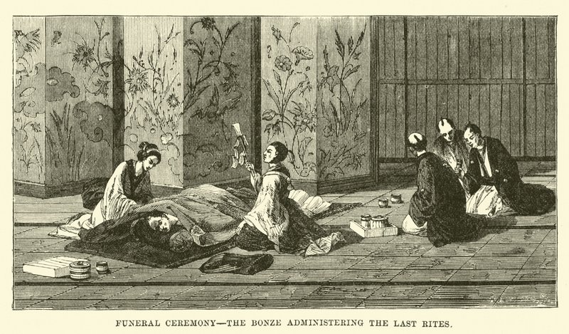 Cérémonie funéraire, le bonze administrant les derniers rites - English School
