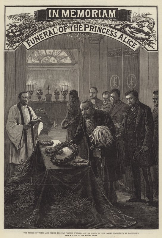 Funérailles de la princesse Alice, le prince de Galles et le prince Léopold plaçant des couronnes sur le cercueil dans le mausolée familial à Rosenhohe (gravure) - English School