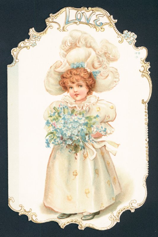Fille tenant un bouquet de fleurs, Carte de Noël - English School