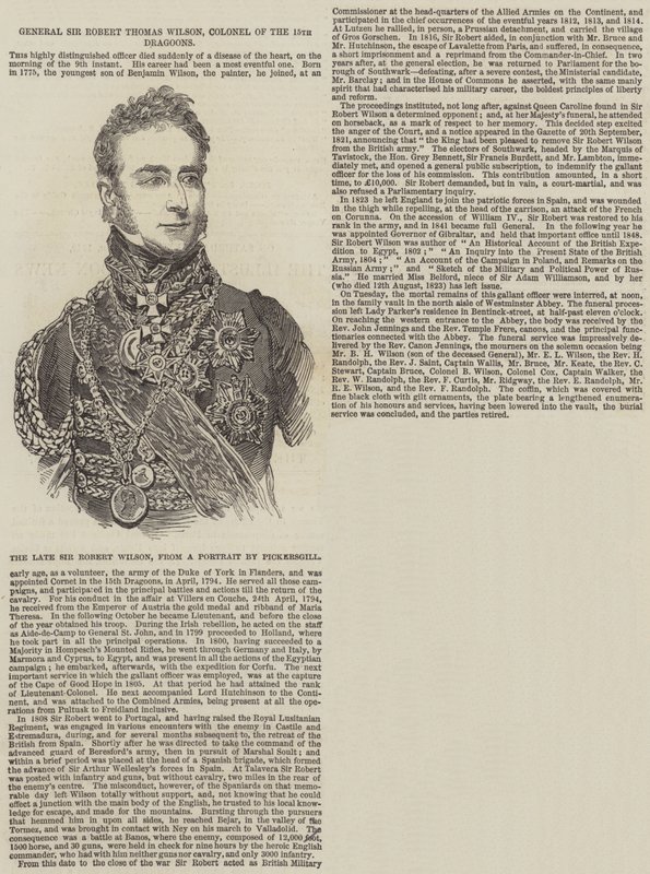 Général Sir Robert Thomas Wilson, colonel des 15e dragons (gravure) - English School