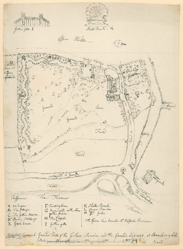 Plan général du manoir gothique et des terrains adjacents à Strawberry Hill, Twickenham, Londres - English School
