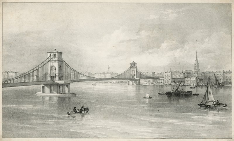 Vue générale des ponts suspendus de Hungerford et Lambeth - English School