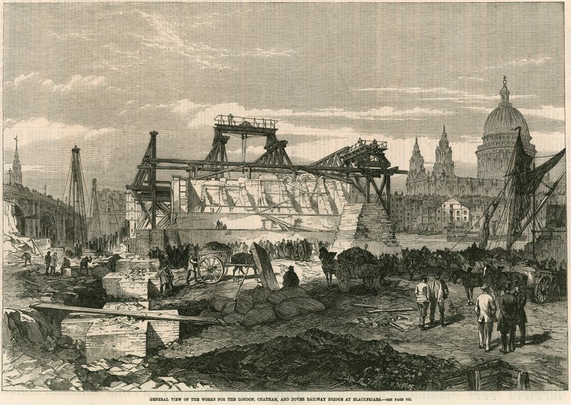 Vue générale des travaux pour le pont ferroviaire de Londres, Chatham et Dover à Blackfriars, Londres - English School