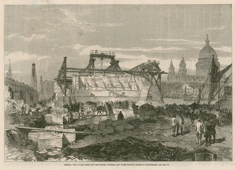 Vue générale des travaux pour le pont ferroviaire de London, Chatham et Dover à Blackfriars - English School