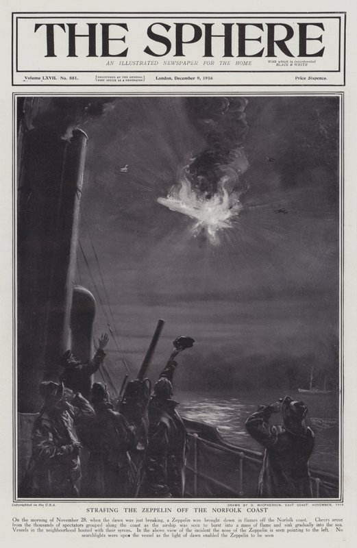 Zeppelin allemand abattu en flammes au large de la côte de Norfolk, Première Guerre mondiale, 28 novembre 1916 - English School