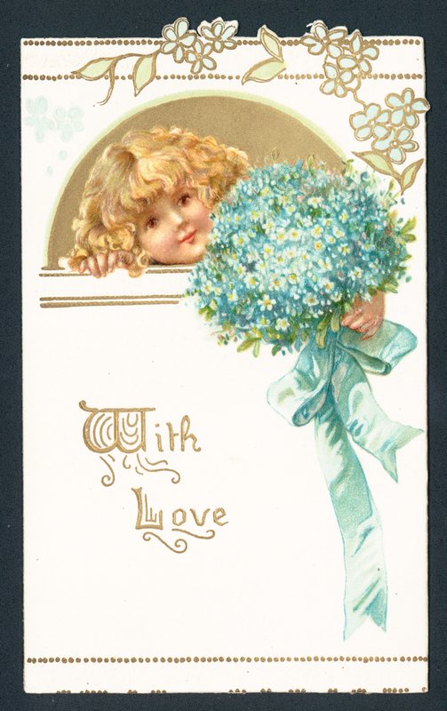 Fille tenant un bouquet, Carte de Noël - English School