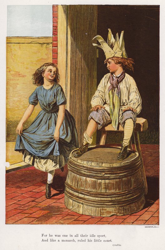 Fille faisant une révérence à un garçon jouant au roi (gravure en couleur) - English School