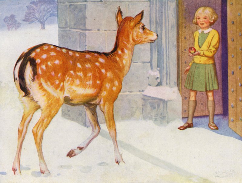 Fille nourrissant un cerf dans la neige - English School