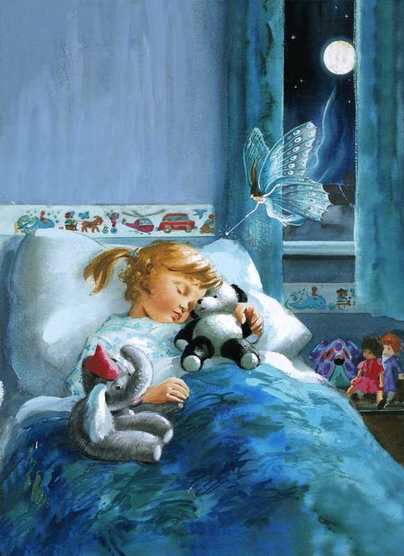 Fille au lit assistée par une fée - English School